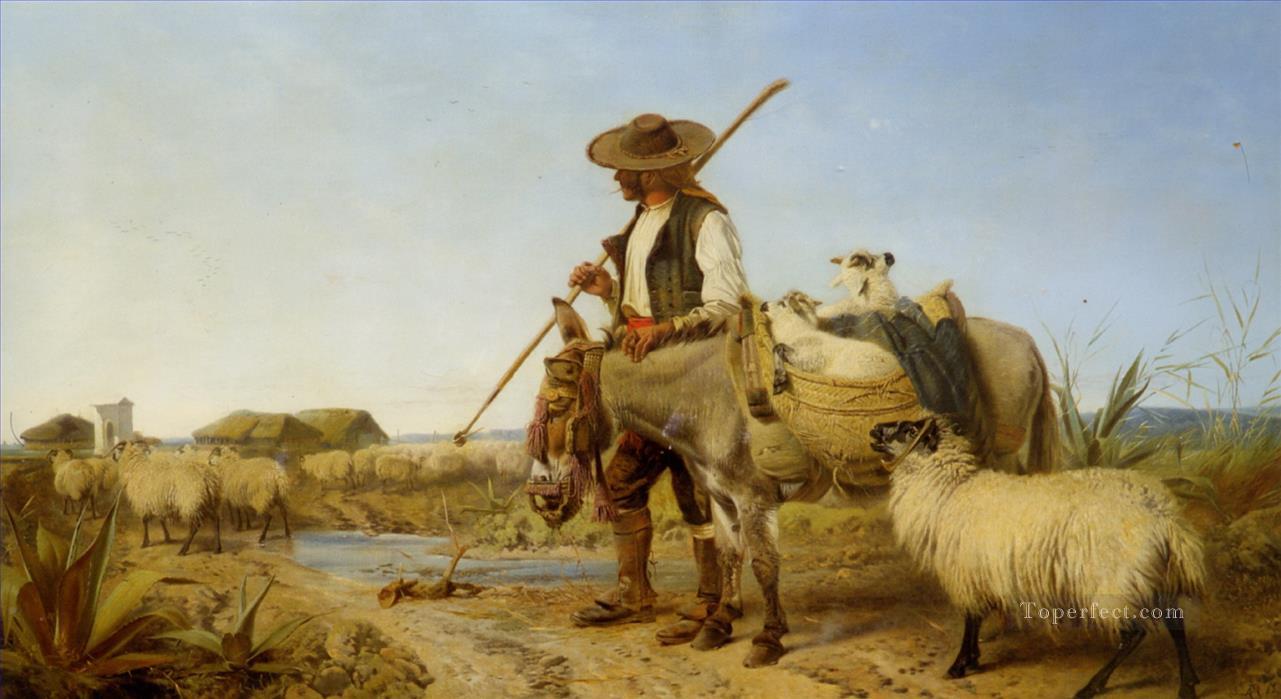 shepherd with donkey on the way to home Oil Paintings